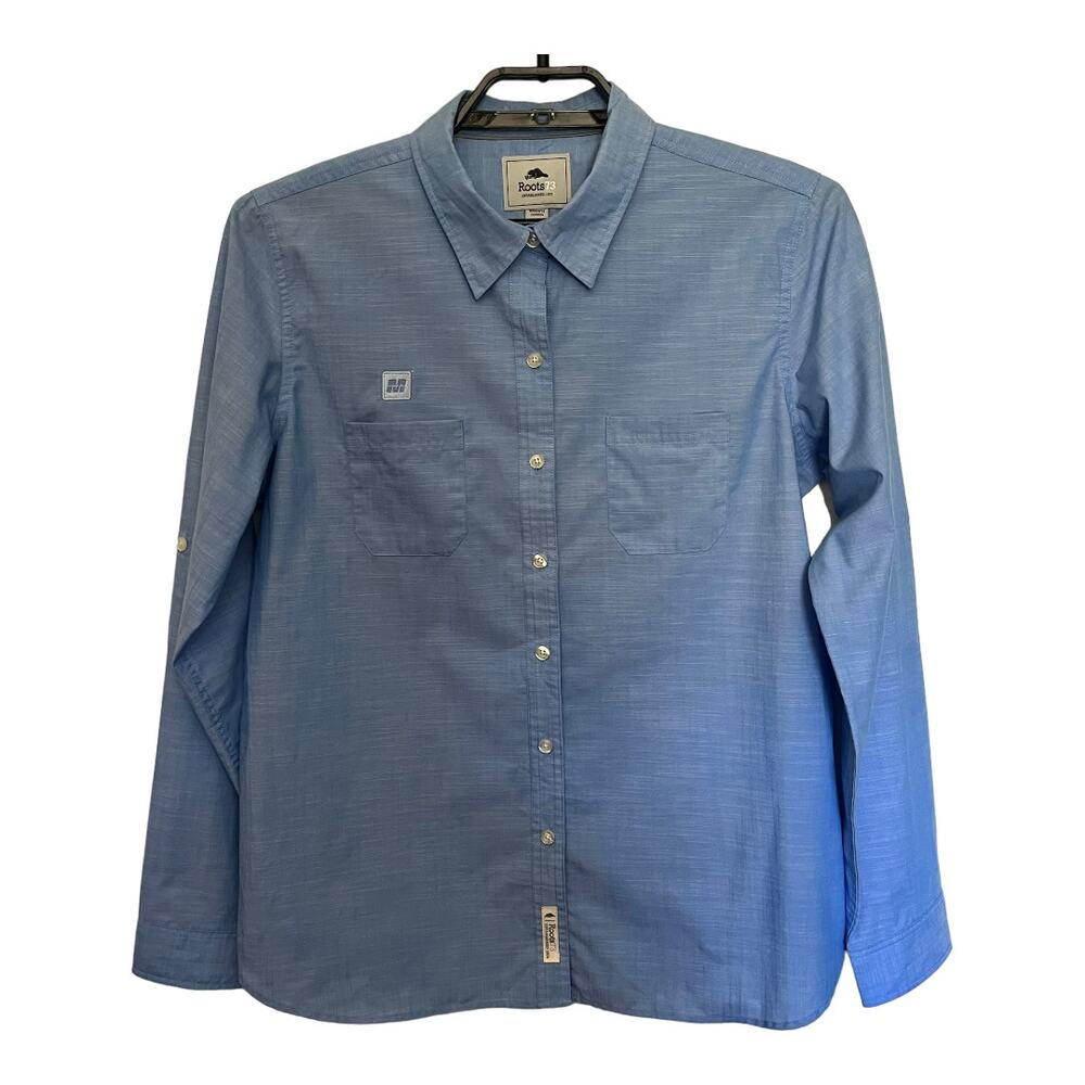 Roots73 Clearwater Button Up Women Shirt Size Large Blue M Patch #97100 Rolltab